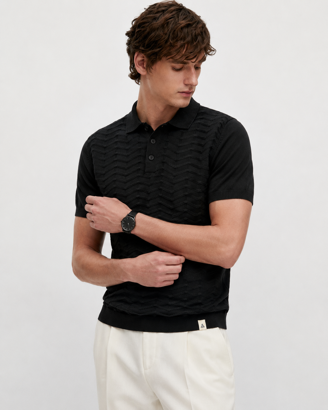 FERN Knit Polo in Black — on model
