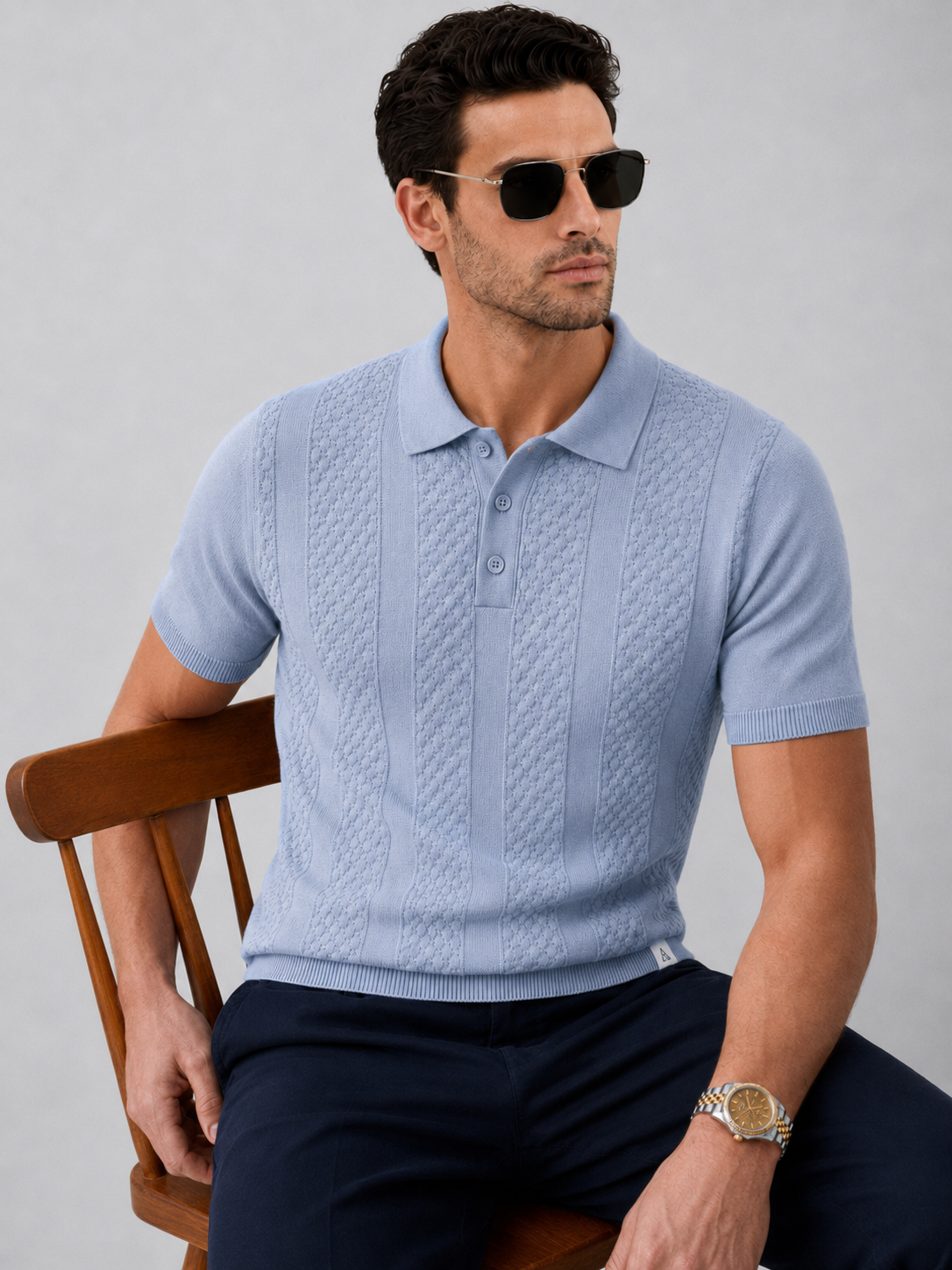 CORD Knit Polo in Slate — on model