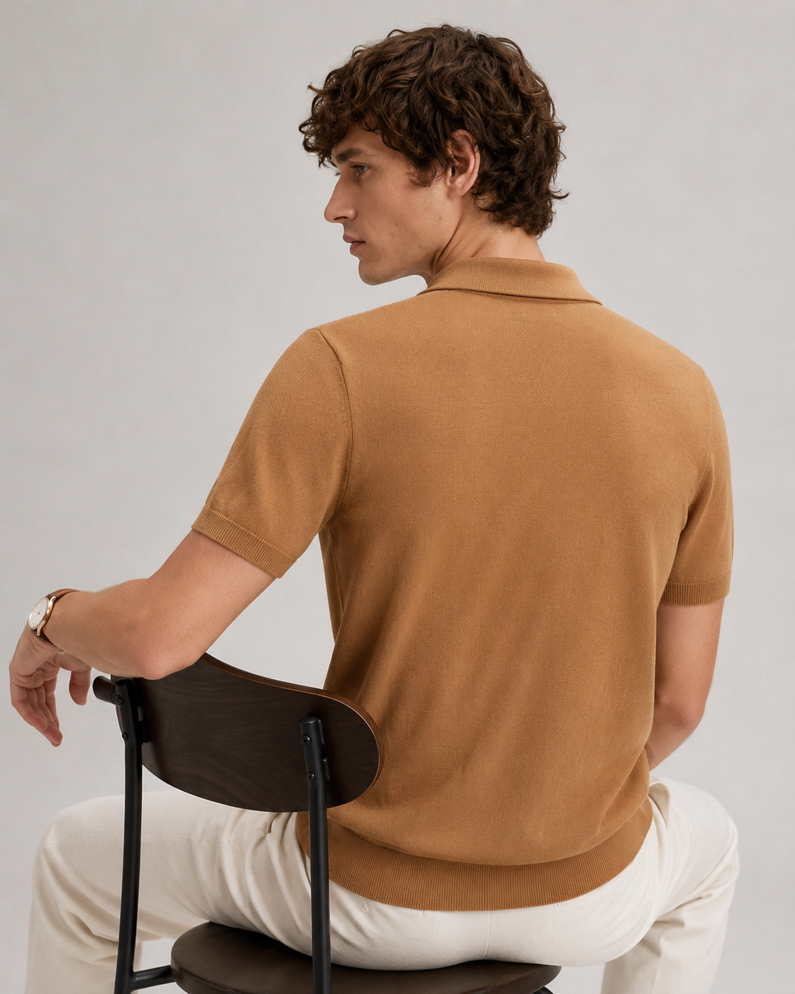 TILE Knit Polo in Camel — back
