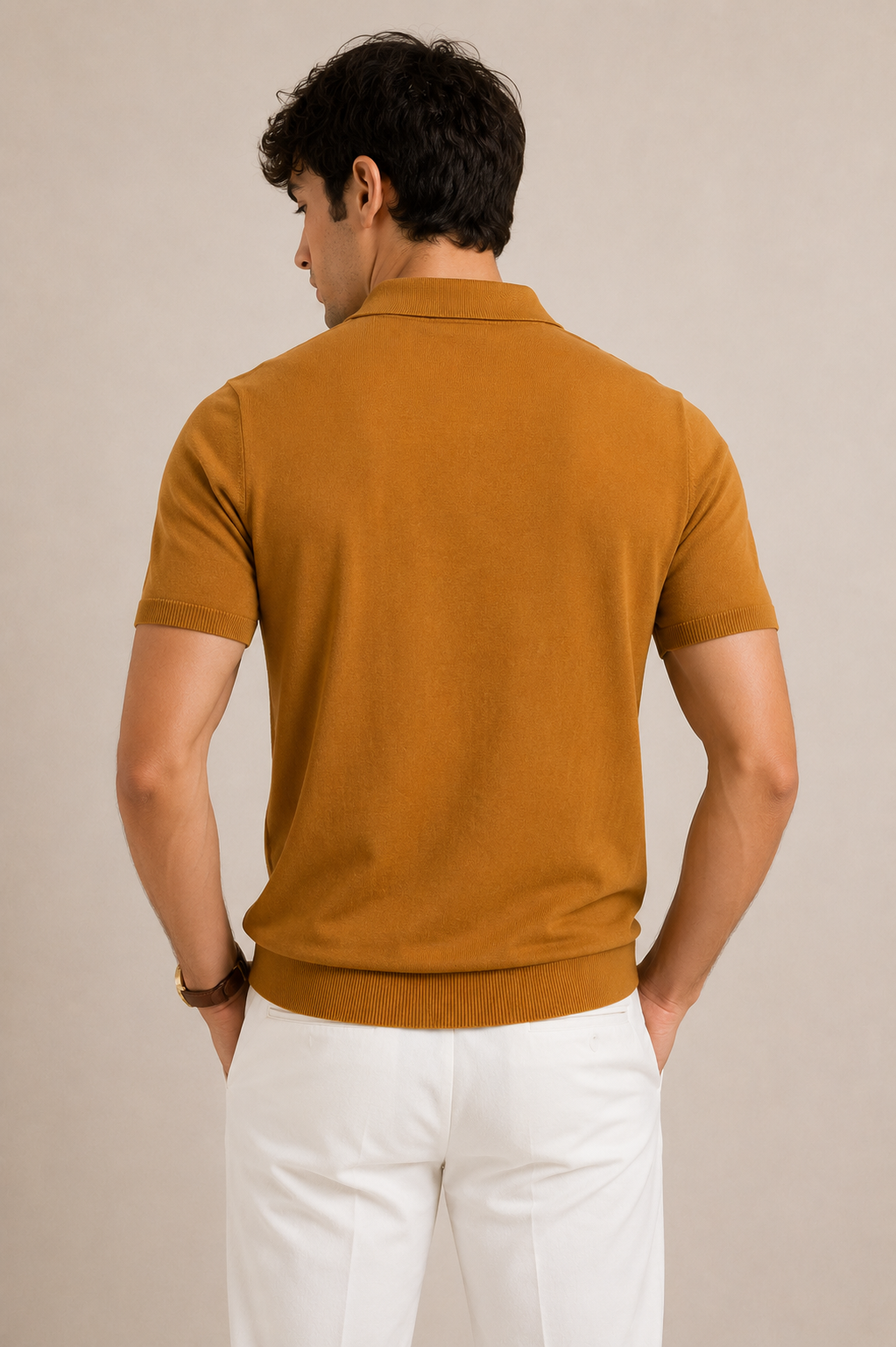 FERN Knit Polo in Camel — back