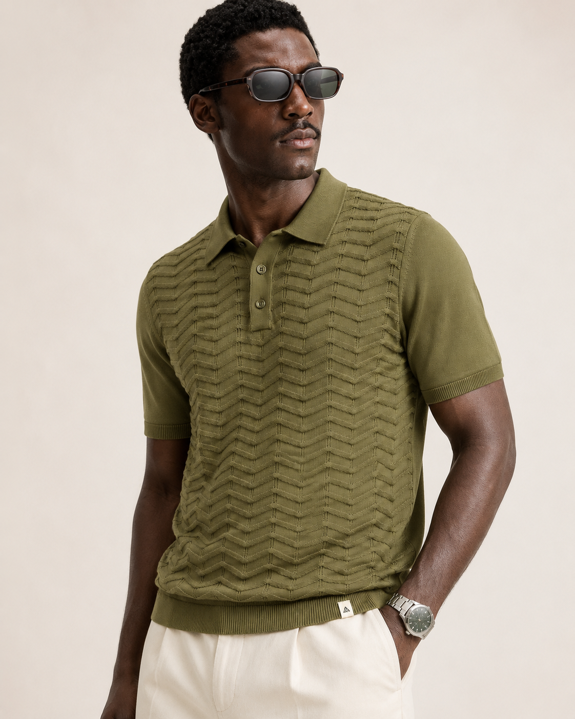 FERN Knit Polo in Olive — on model