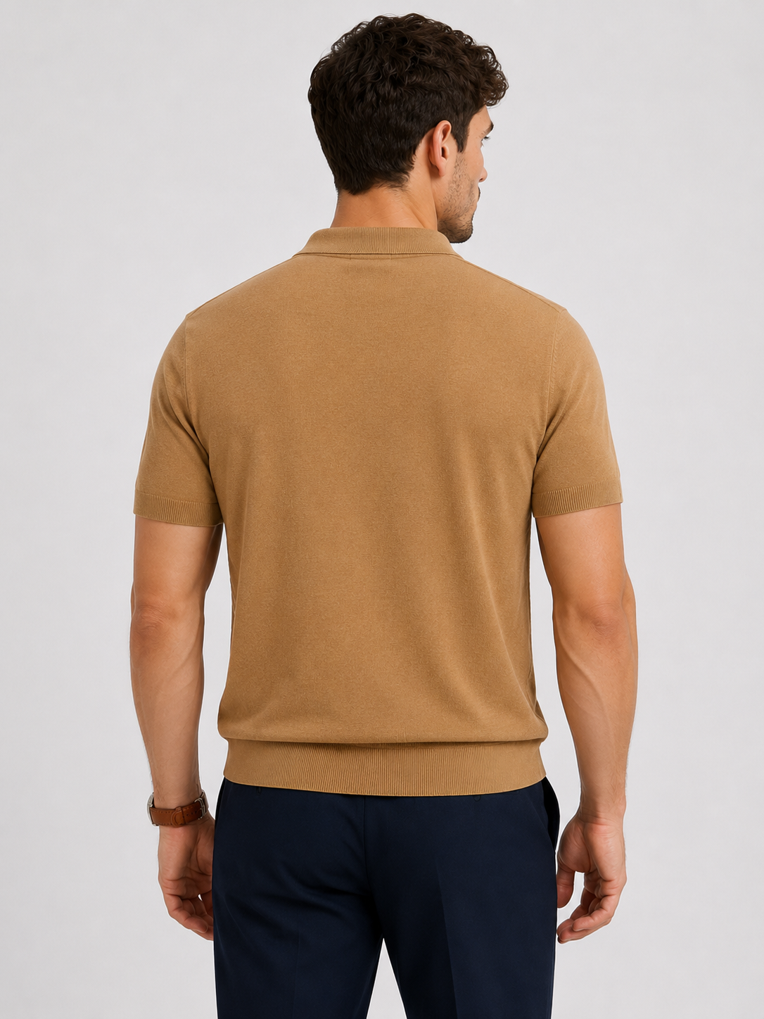 GRID Knit Polo in Camel — back