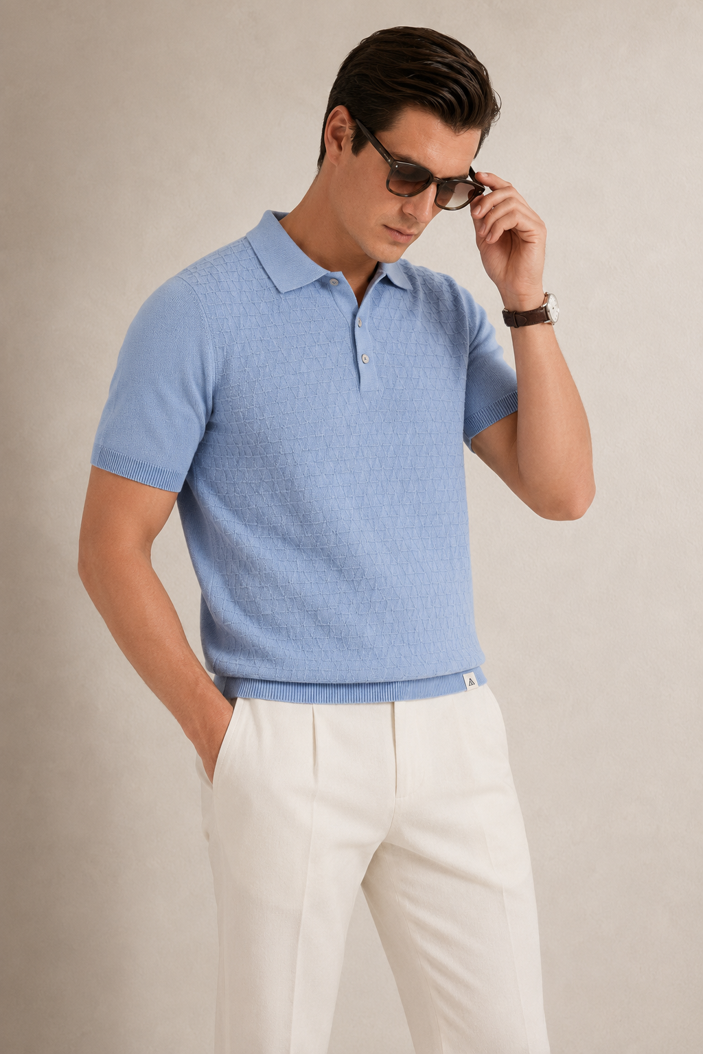 LEAF Knit Polo in Slate — on model