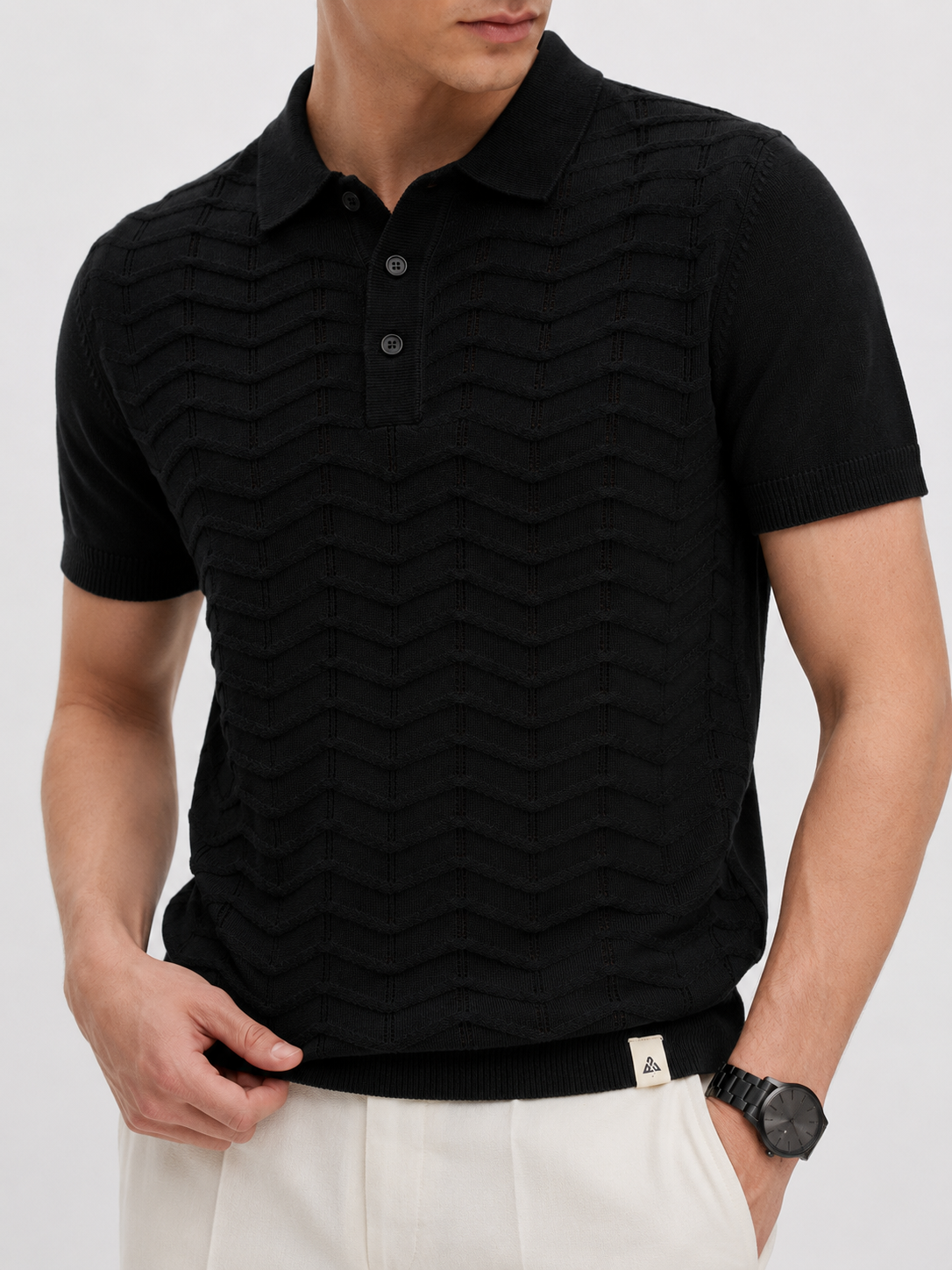 FERN Knit Polo in Black — detail