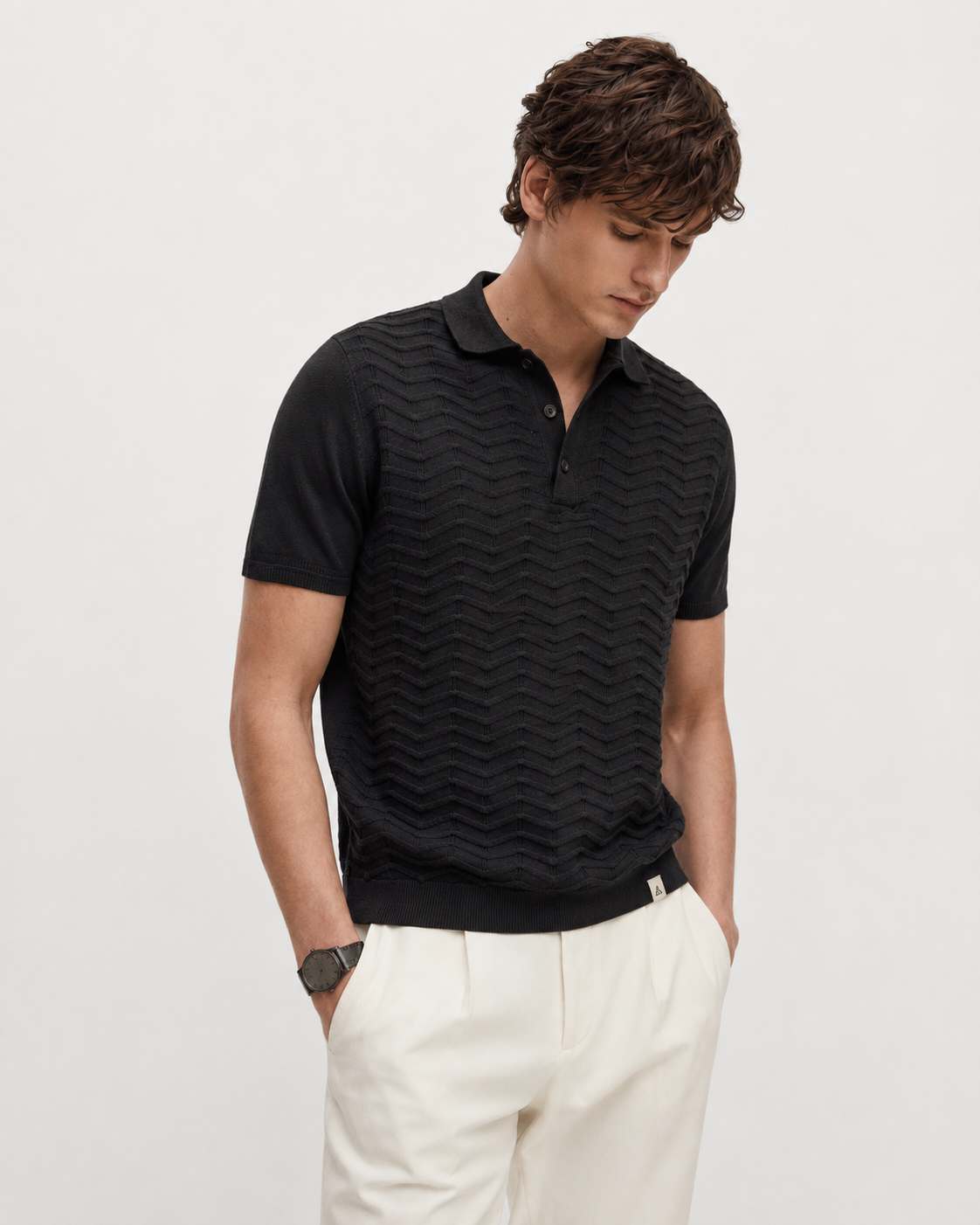 FERN Knit Polo in Black — front