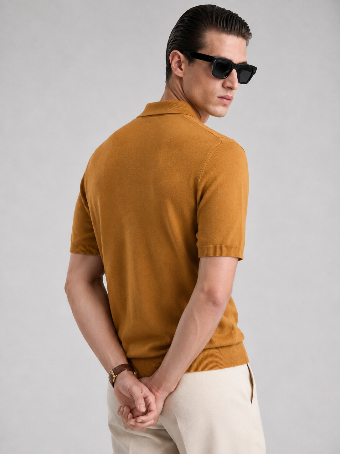 CANE Knit Polo in Camel — back