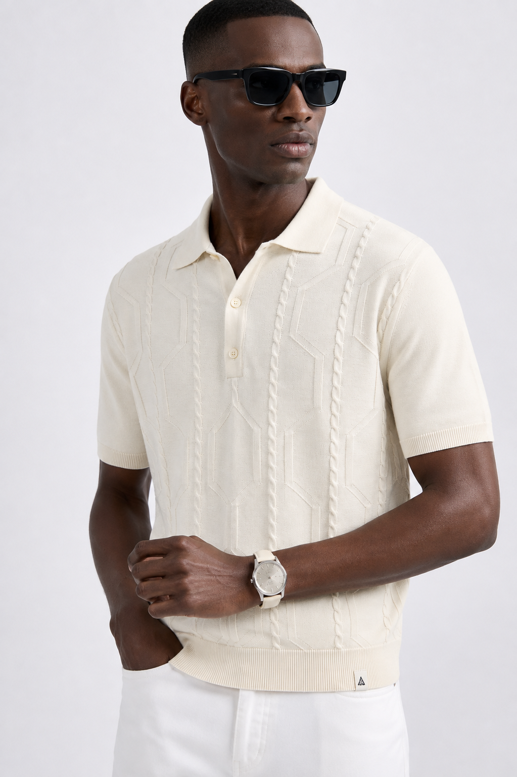 VANE Knit Polo in Cream — on model