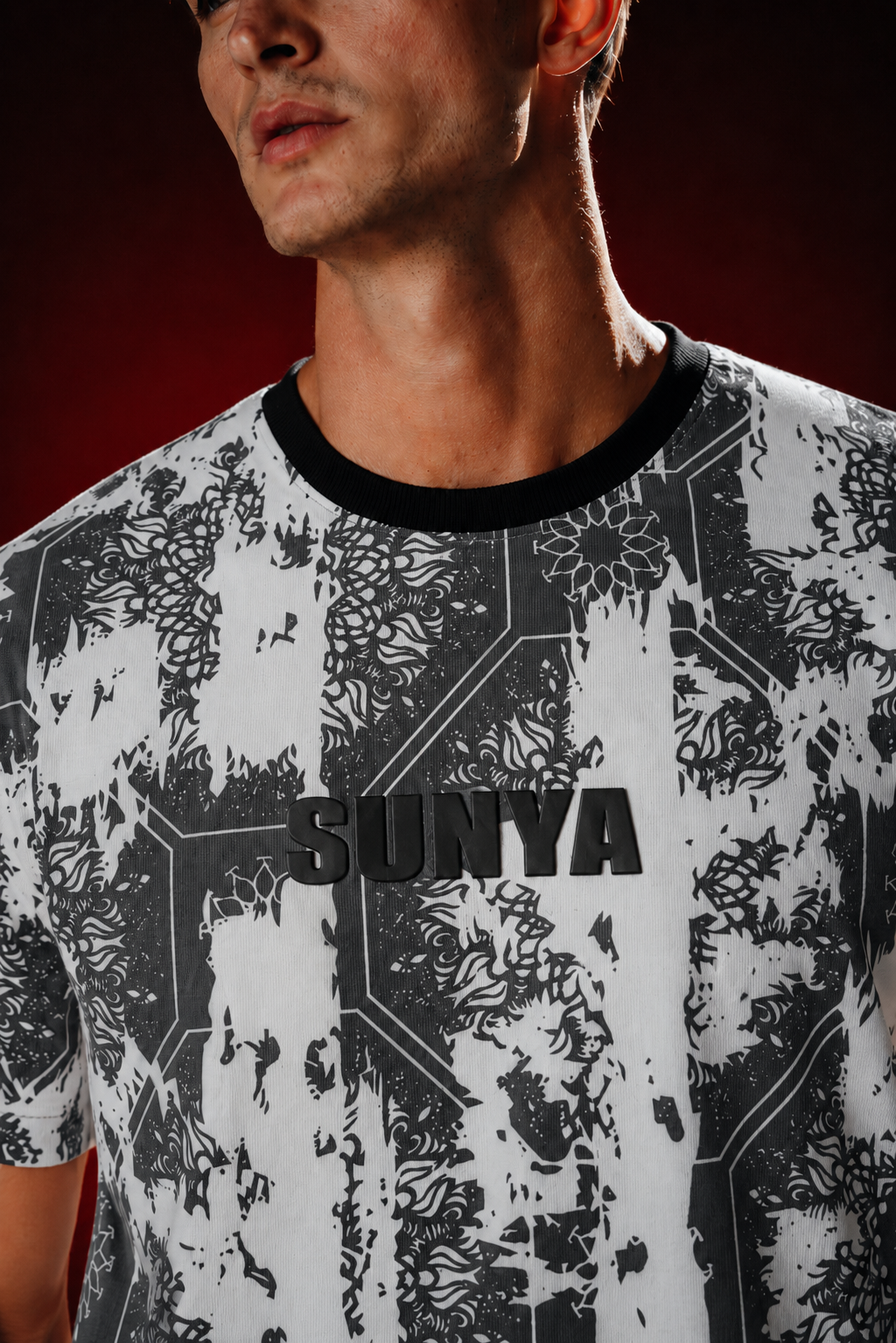 KSHAYA premium half-sleeve tee | Zerowave Collection | detail, chest badge and neckline | THE SUNYA