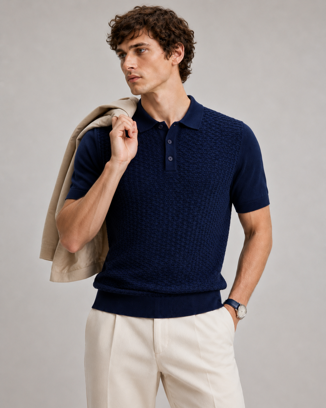 TILE Knit Polo in Navy — on model