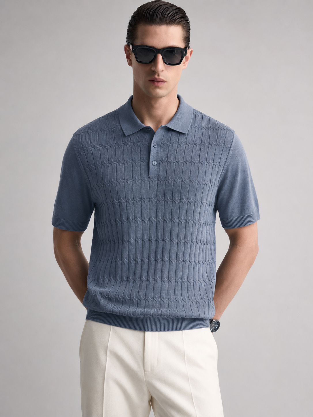 CANE Knit Polo in Slate — front