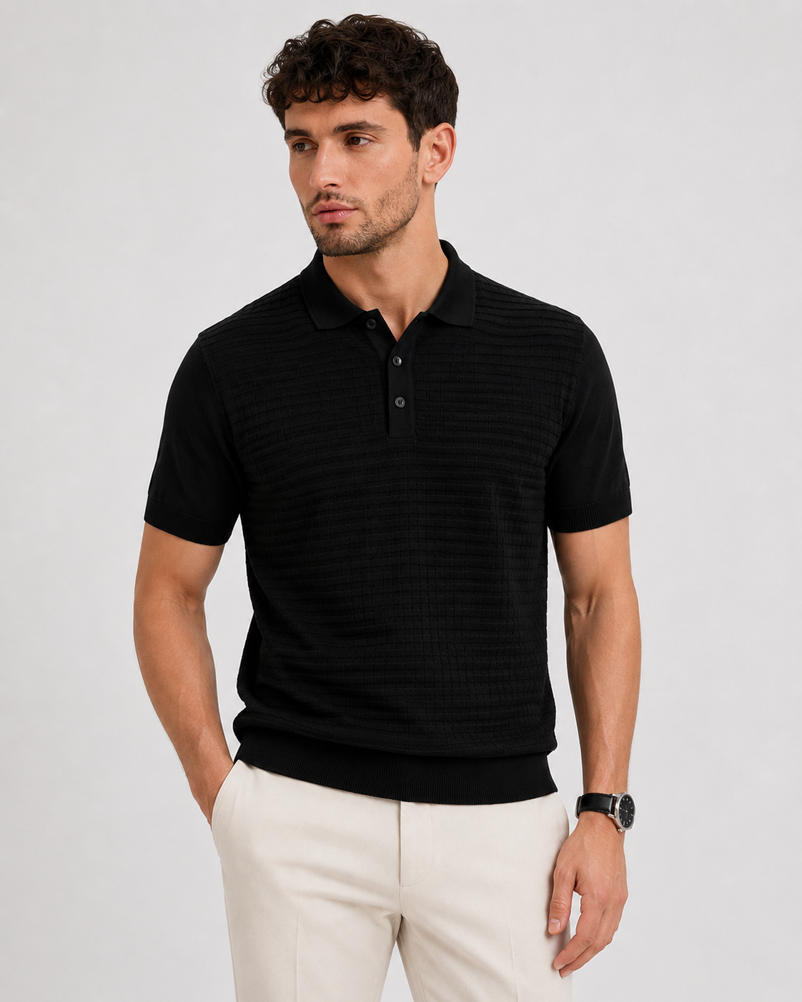 GRID Knit Polo in Black — on model