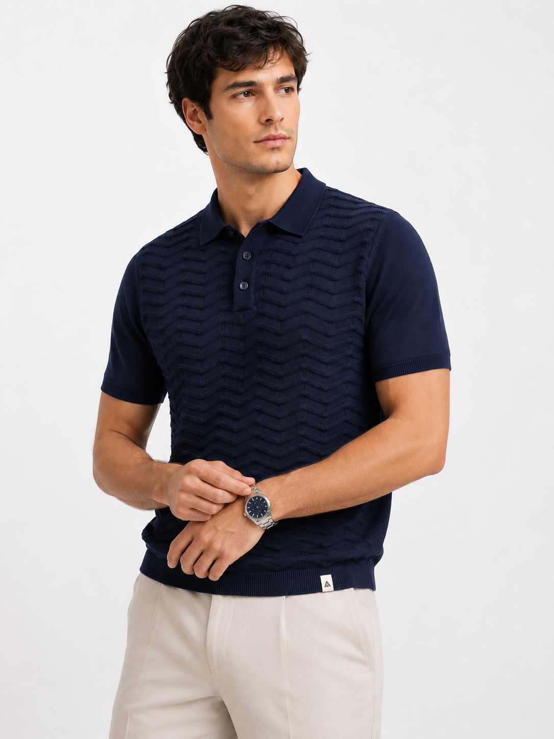FERN Knit Polo in Navy — on model