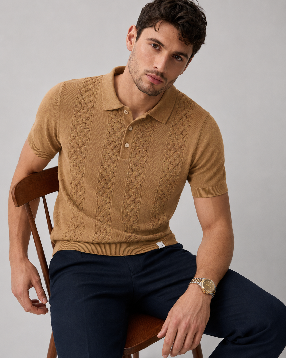 CORD Knit Polo in Camel — on model