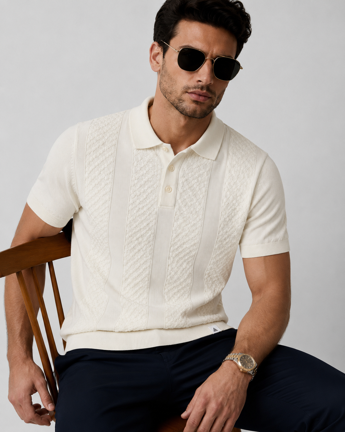 CORD Knit Polo in Cream — on model