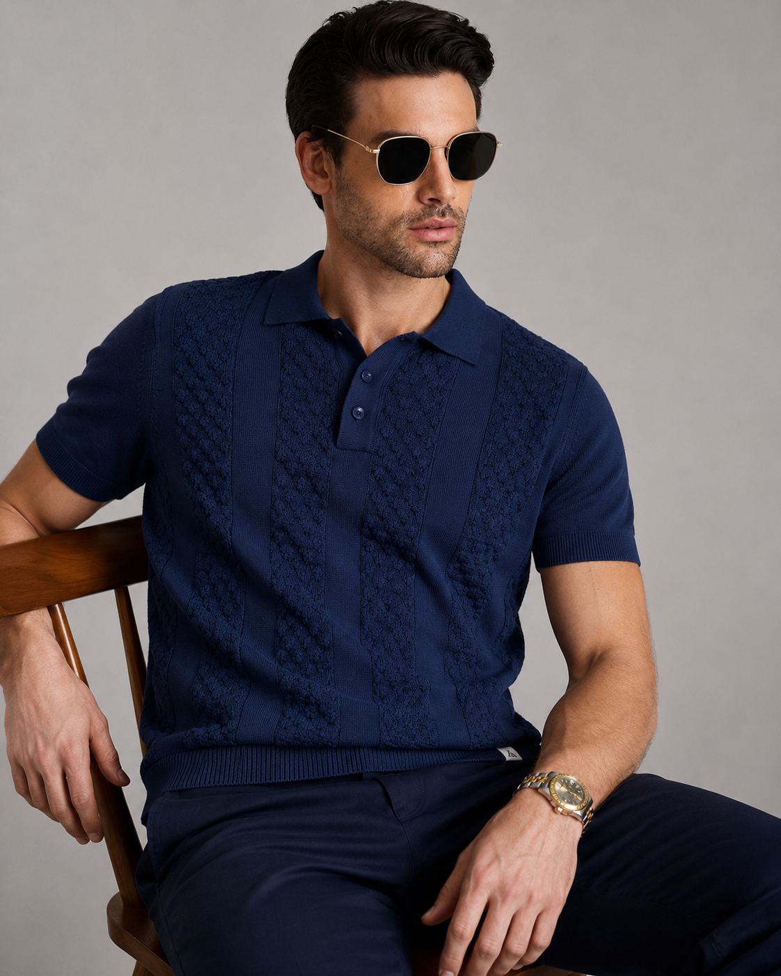 CORD Knit Polo in Navy — on model