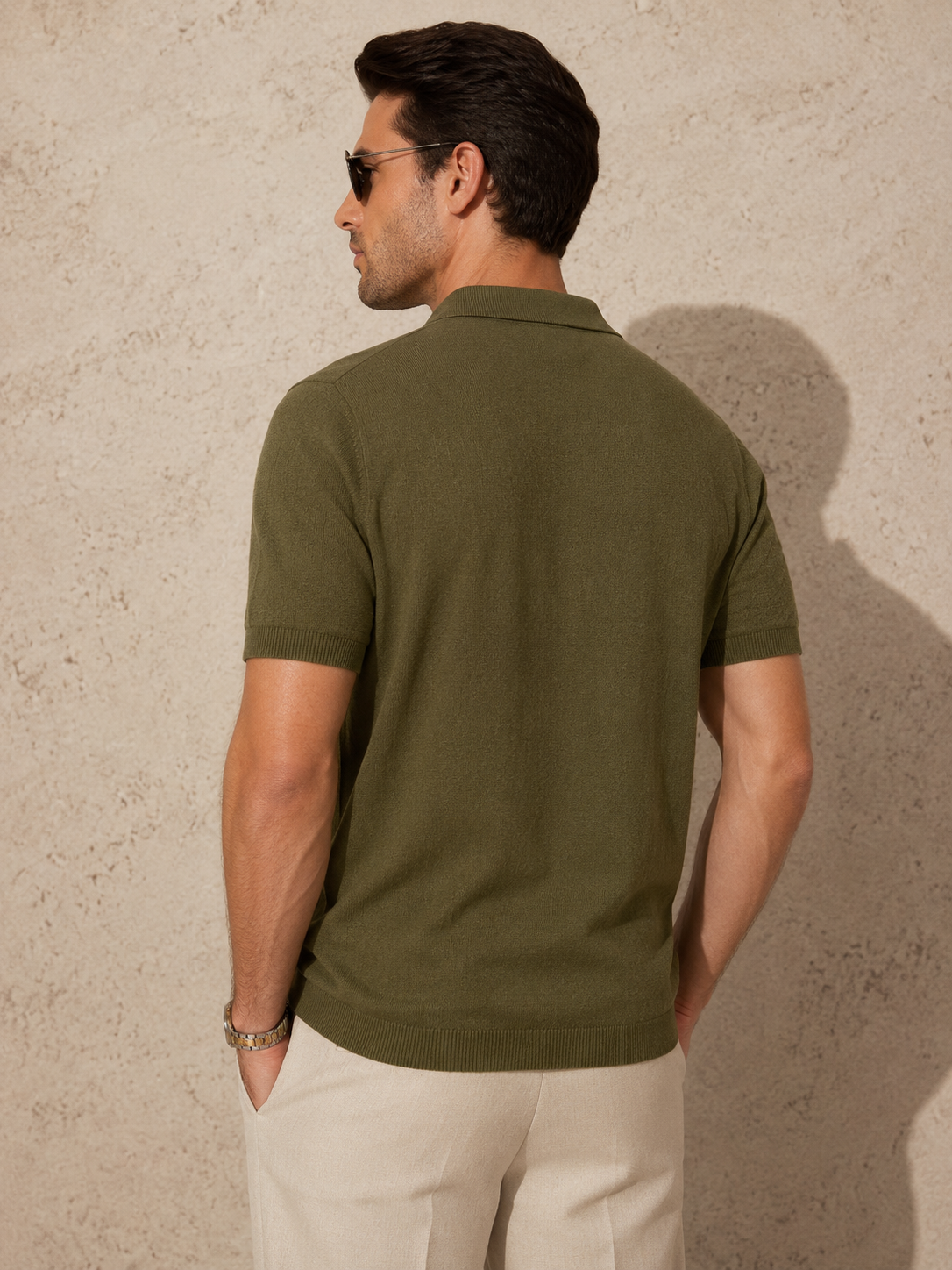 CORD Knit Polo in Olive — back