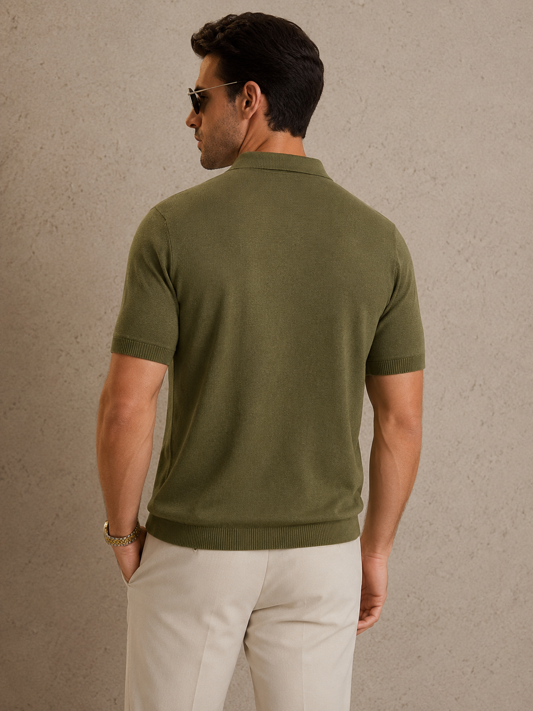 CORD Knit Polo in Olive — back
