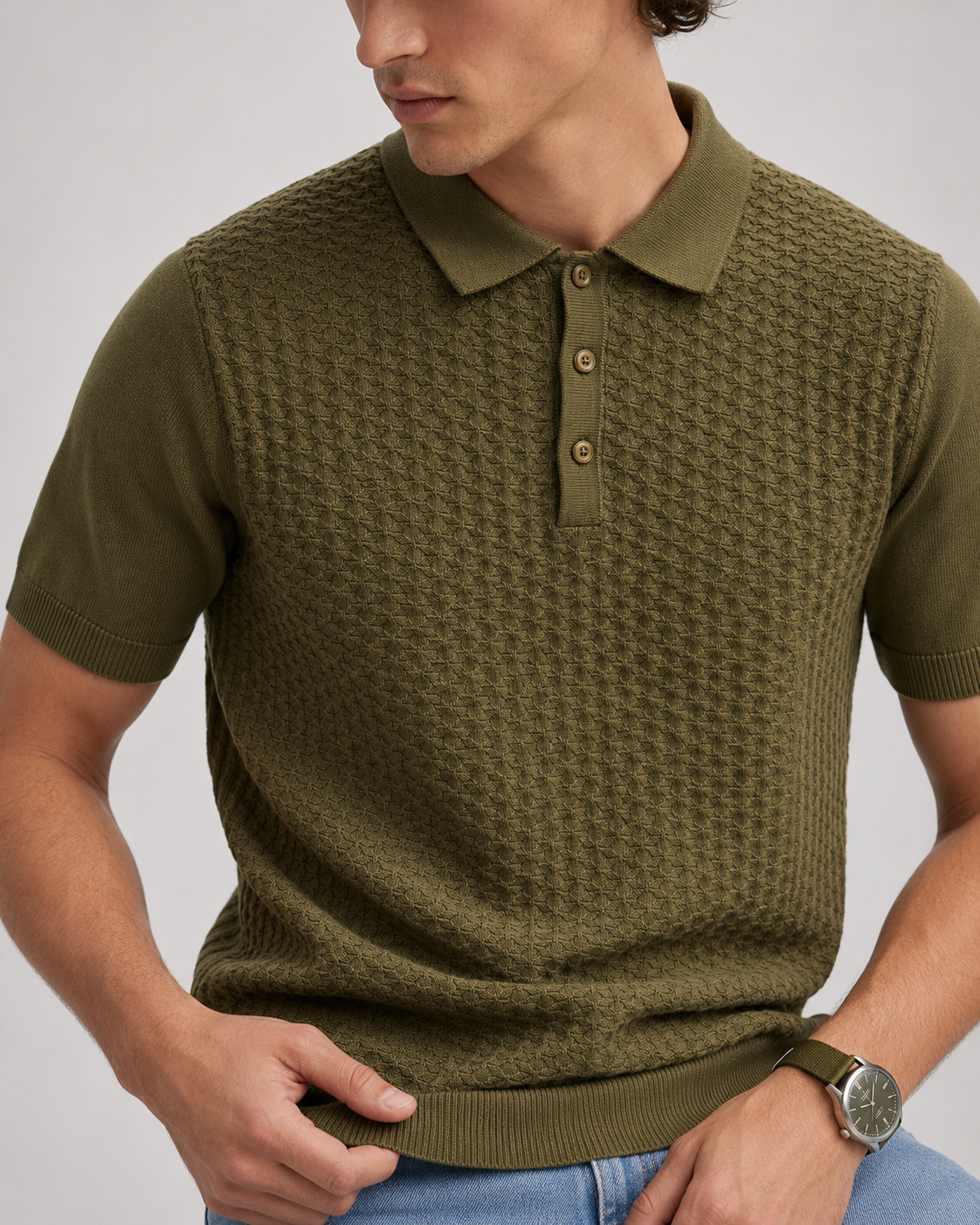 TILE Knit Polo in Olive — detail
