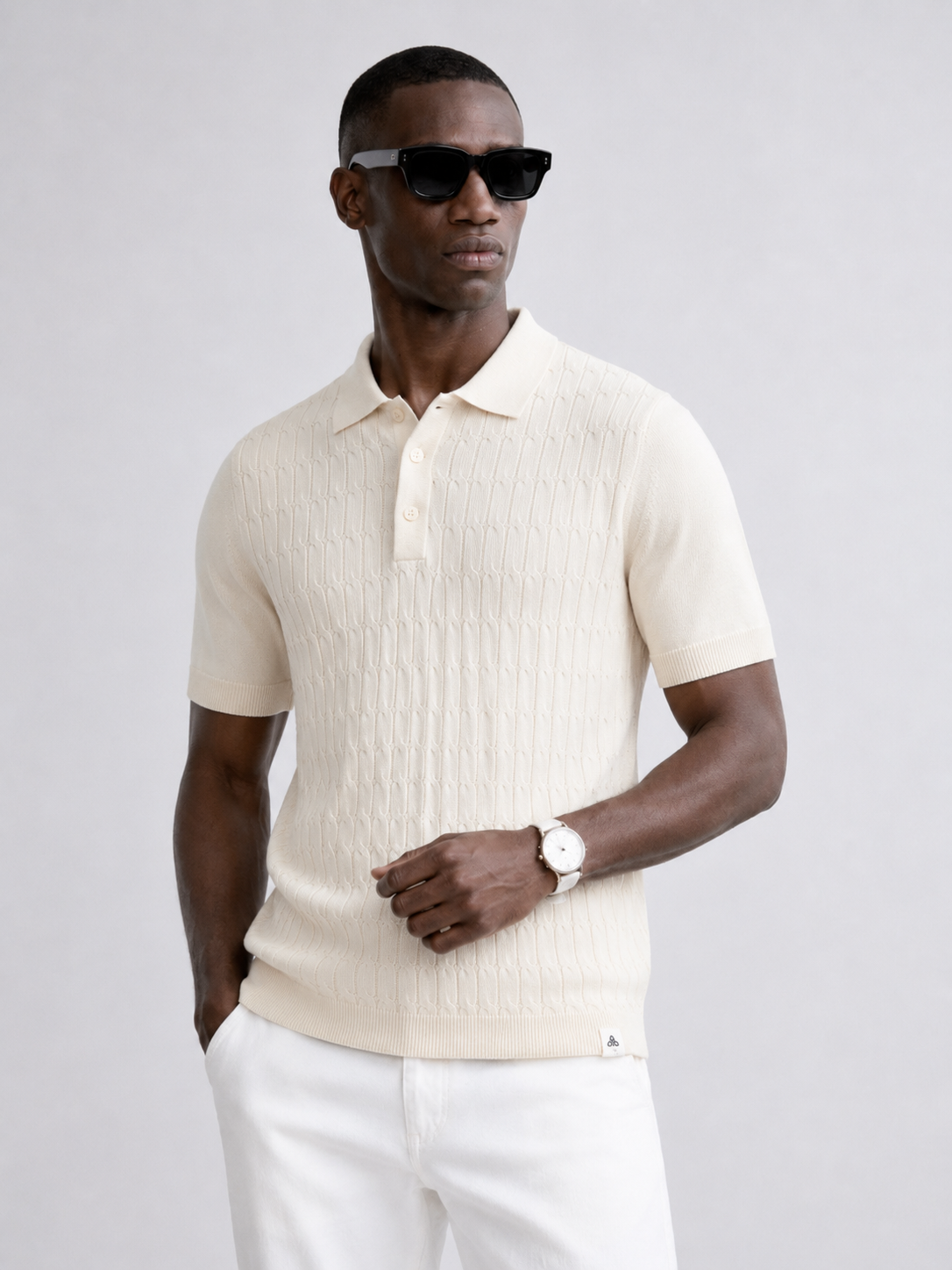 CANE Knit Polo in Cream — on model