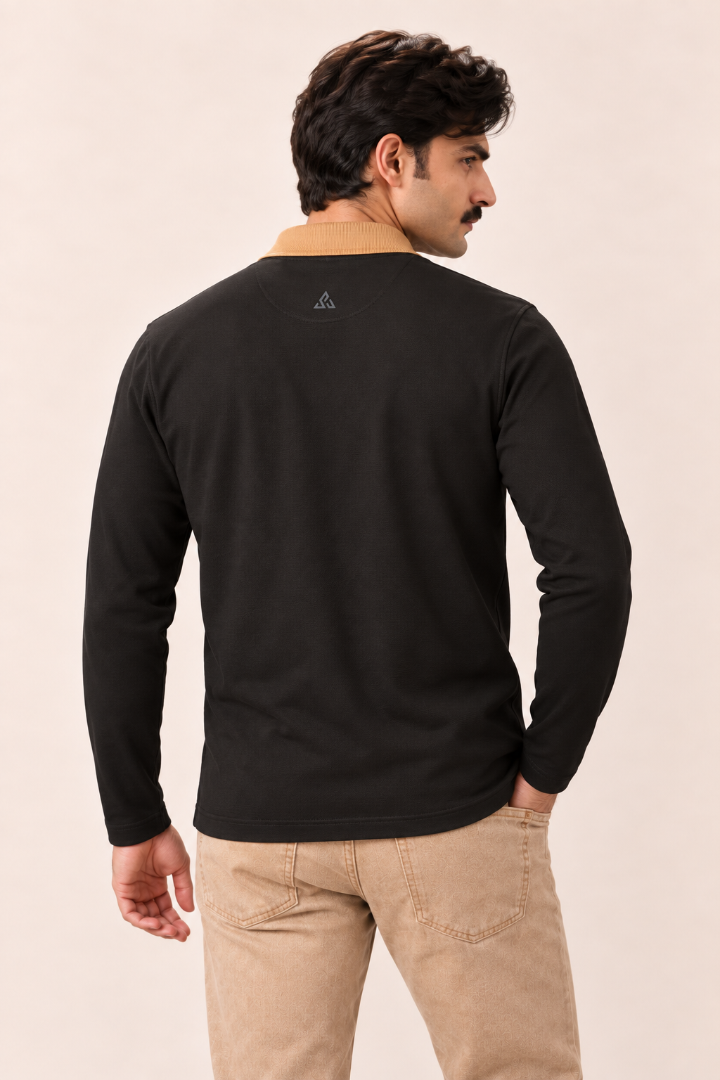 Full Sleeve Oxford Polo in Black — back, three-quarter