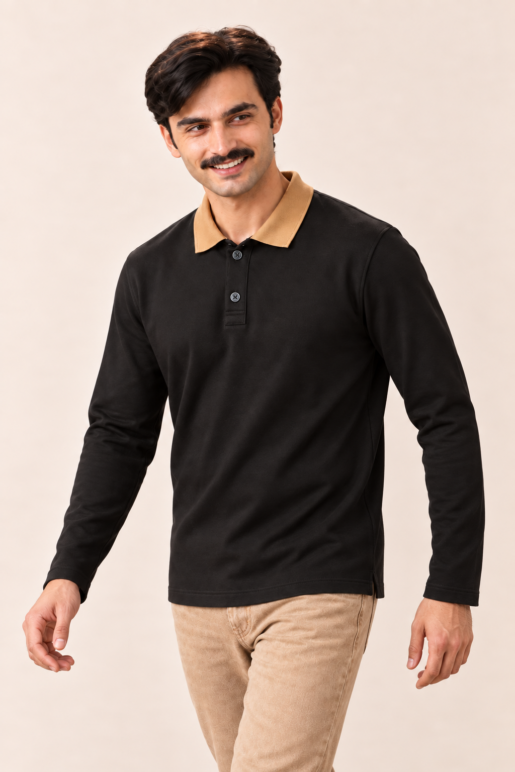 Full Sleeve Oxford Polo in Black — on model, candid