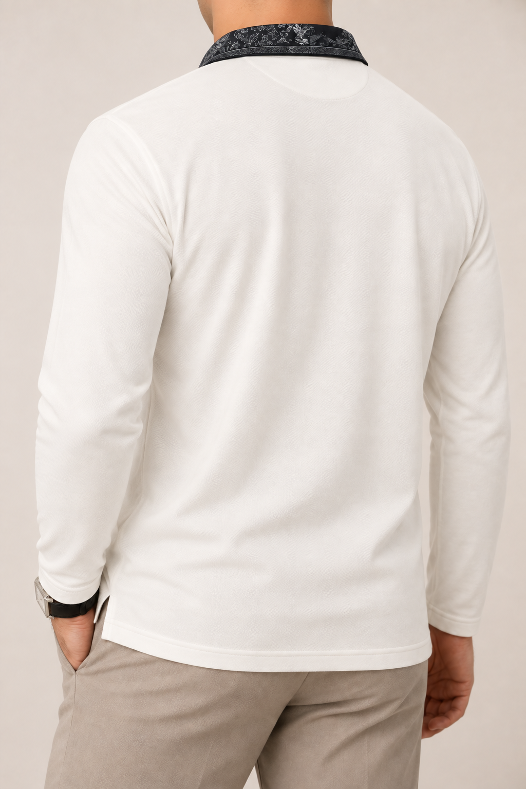 Full Sleeve Oxford Polo in Cream — back, three-quarter