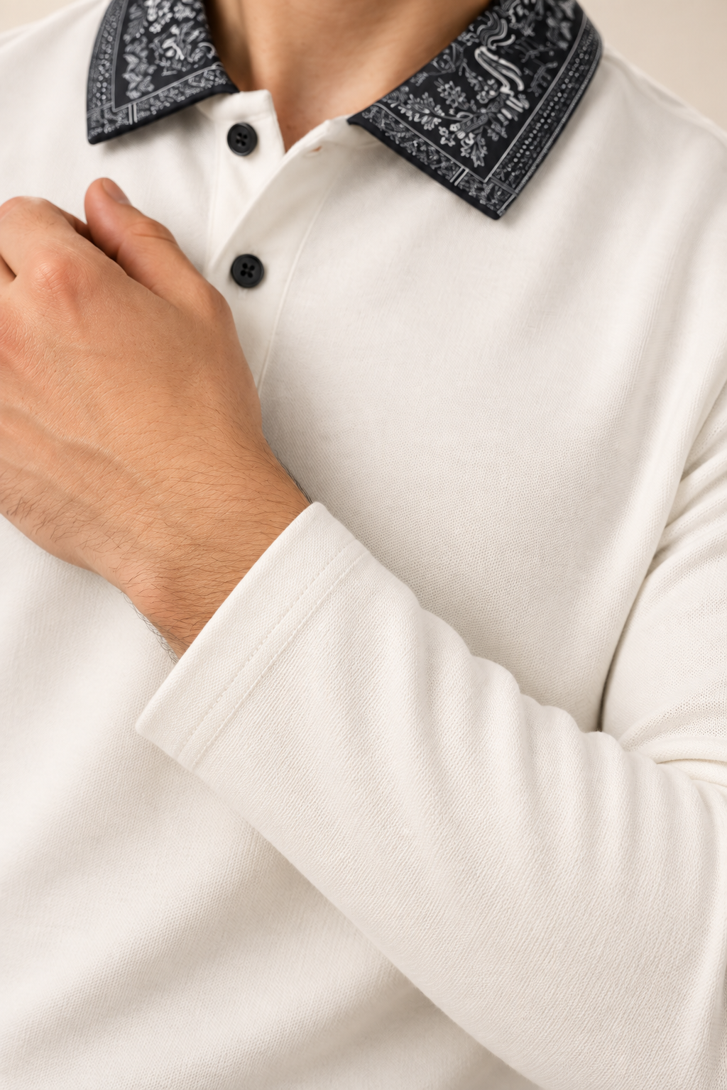 Full Sleeve Oxford Polo in Cream — sleeve and fabric detail