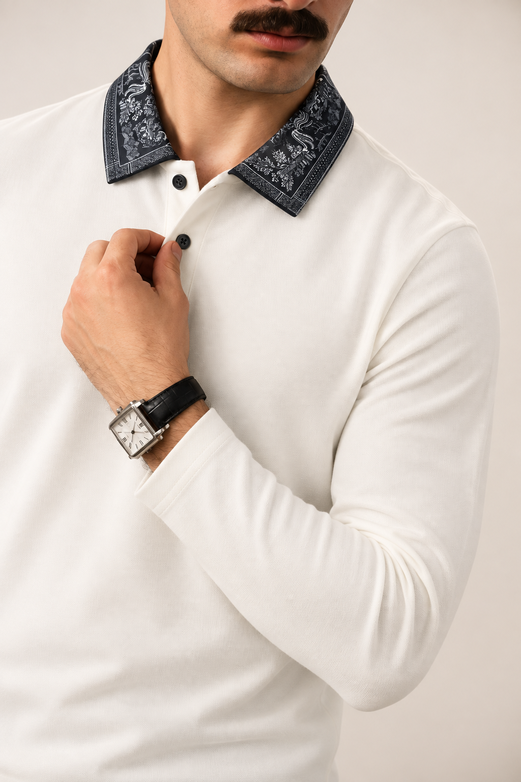 Full Sleeve Oxford Polo in Cream — on model, placket detail