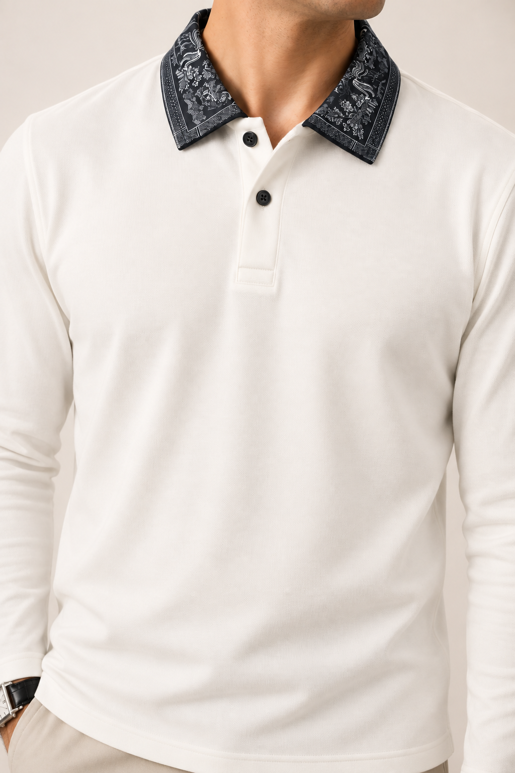 Full Sleeve Oxford Polo in Cream — front, close