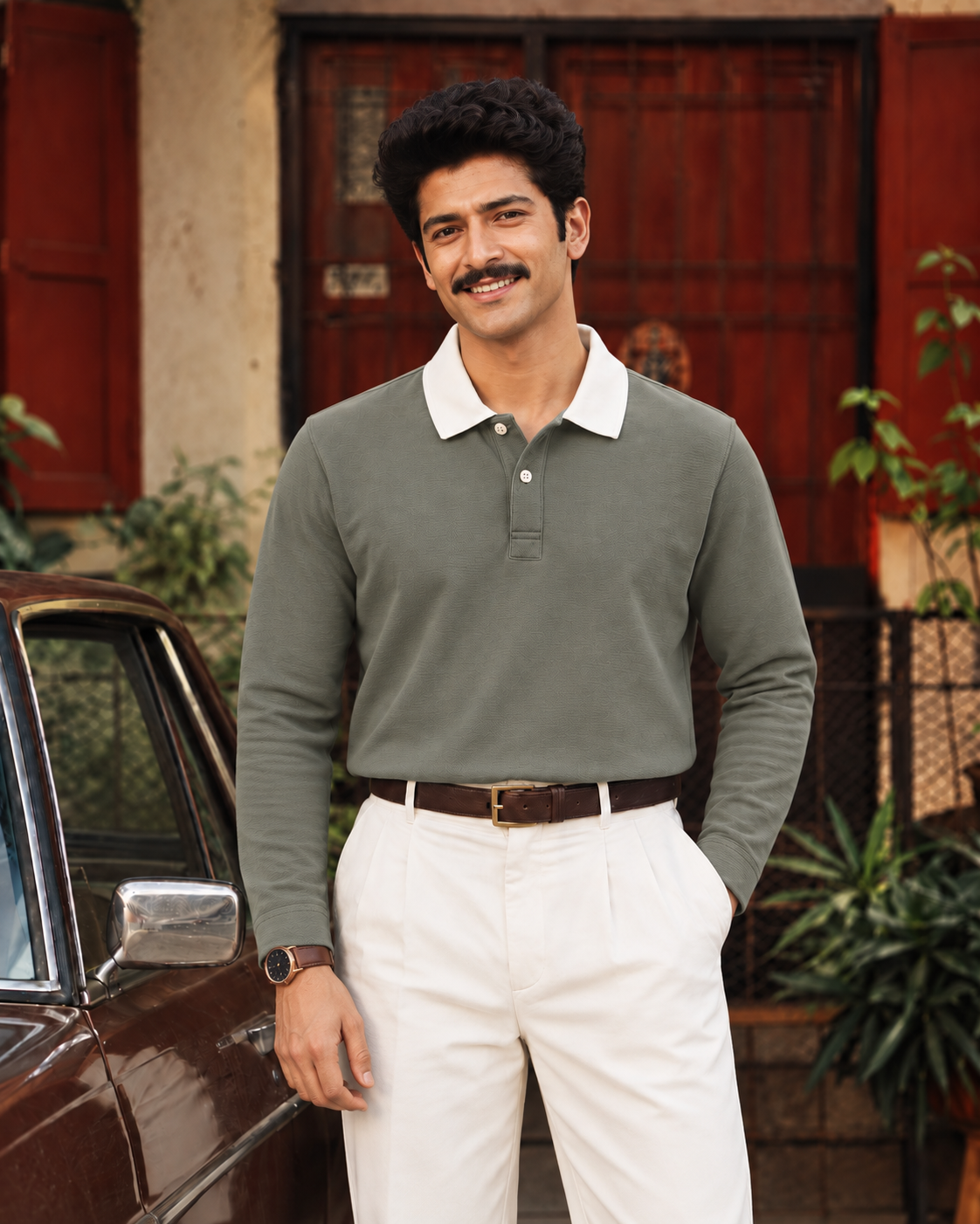 Full Sleeve Oxford Polo in Olive — on model