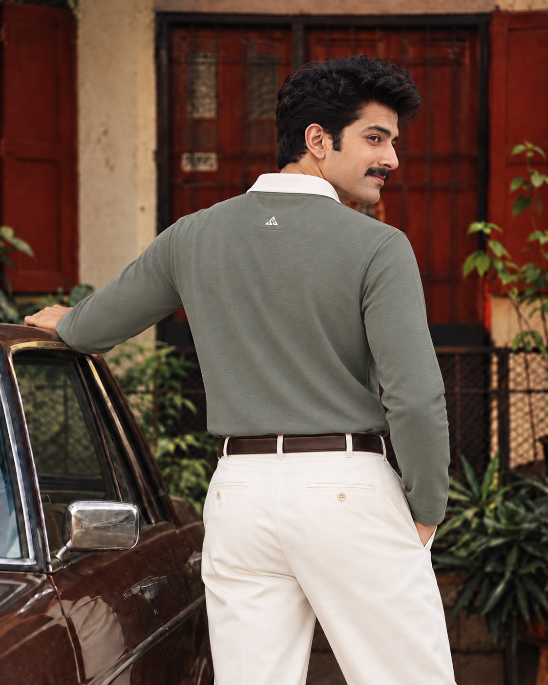 Full Sleeve Oxford Polo in Olive — back, three-quarter