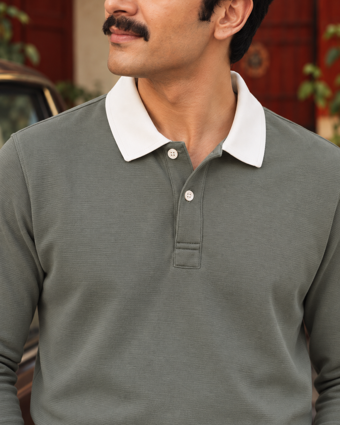 Full Sleeve Oxford Polo in Olive — white collar and placket detail
