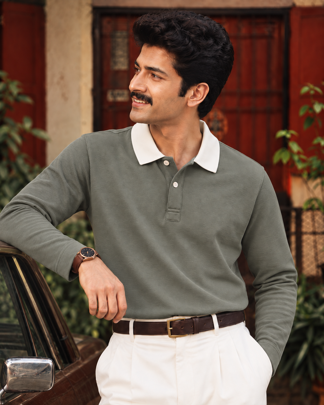 Full Sleeve Oxford Polo in Olive — on model, candid