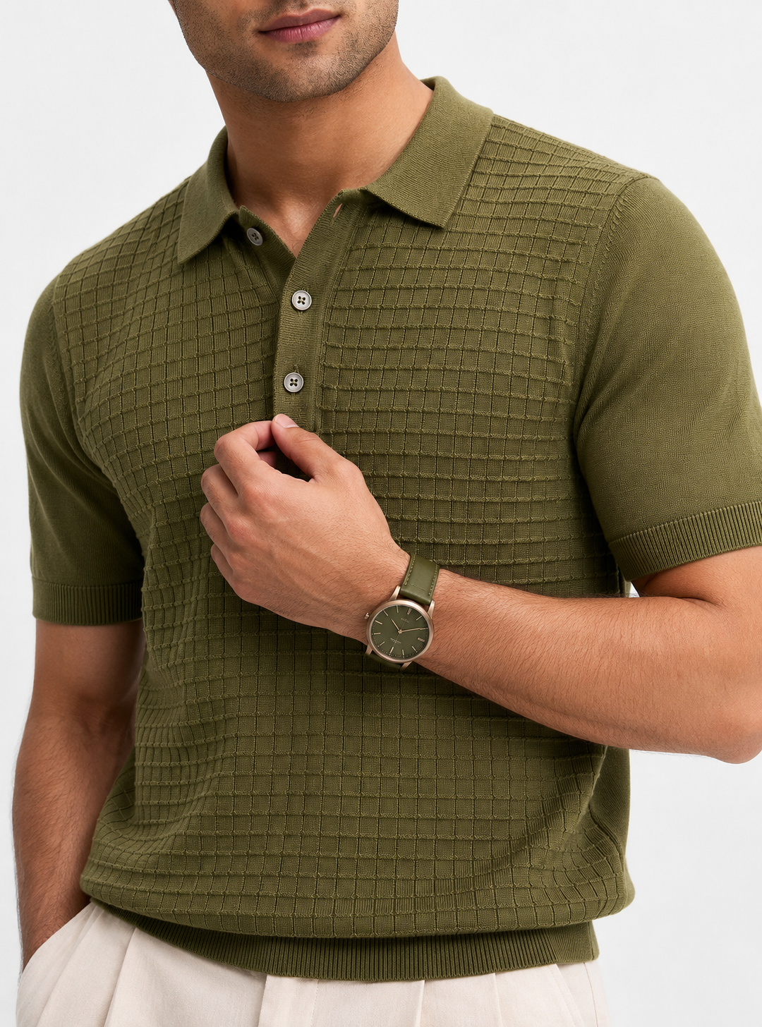 GRID Knit Polo in Olive — detail