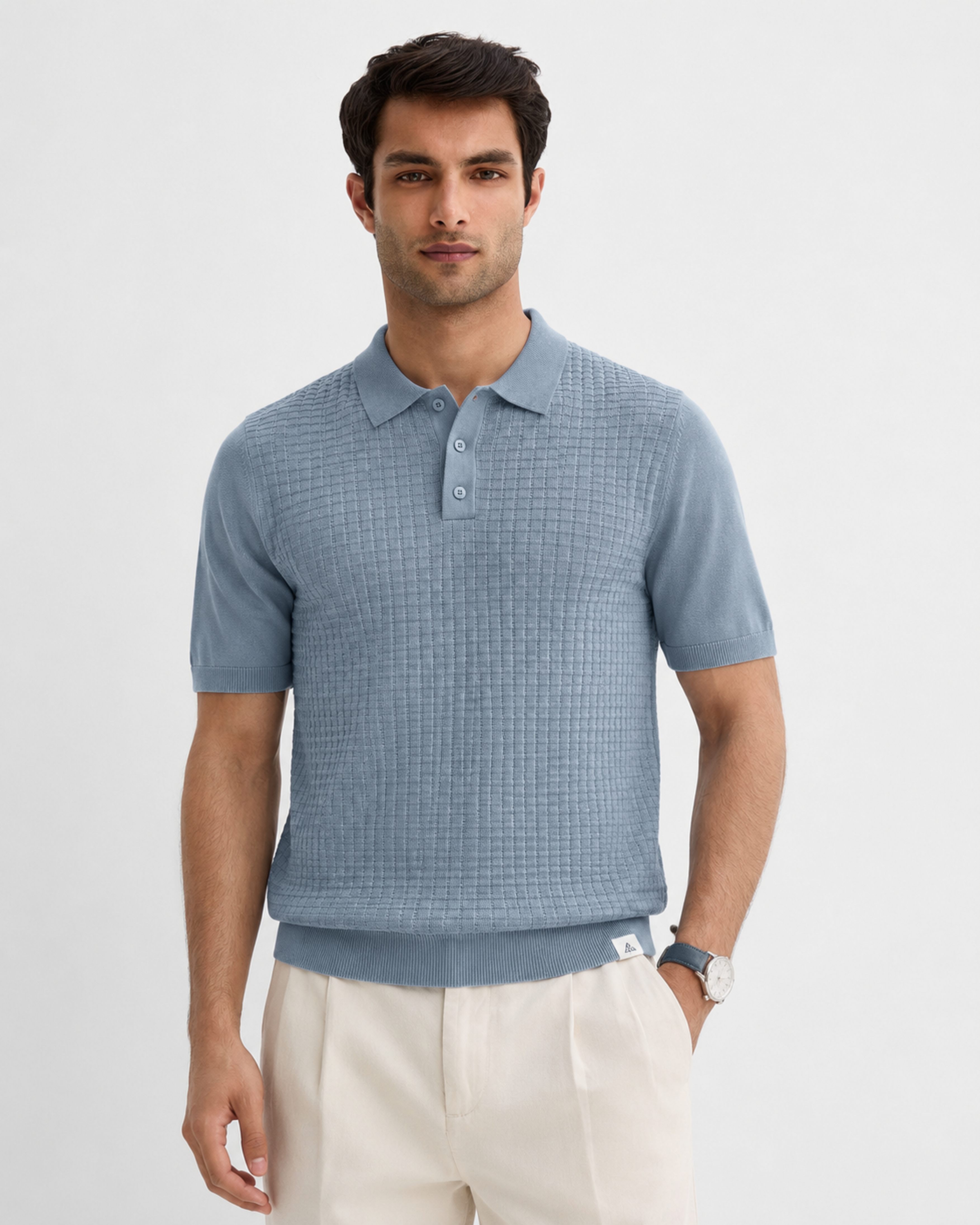 GRID Knit Polo in Slate — on model