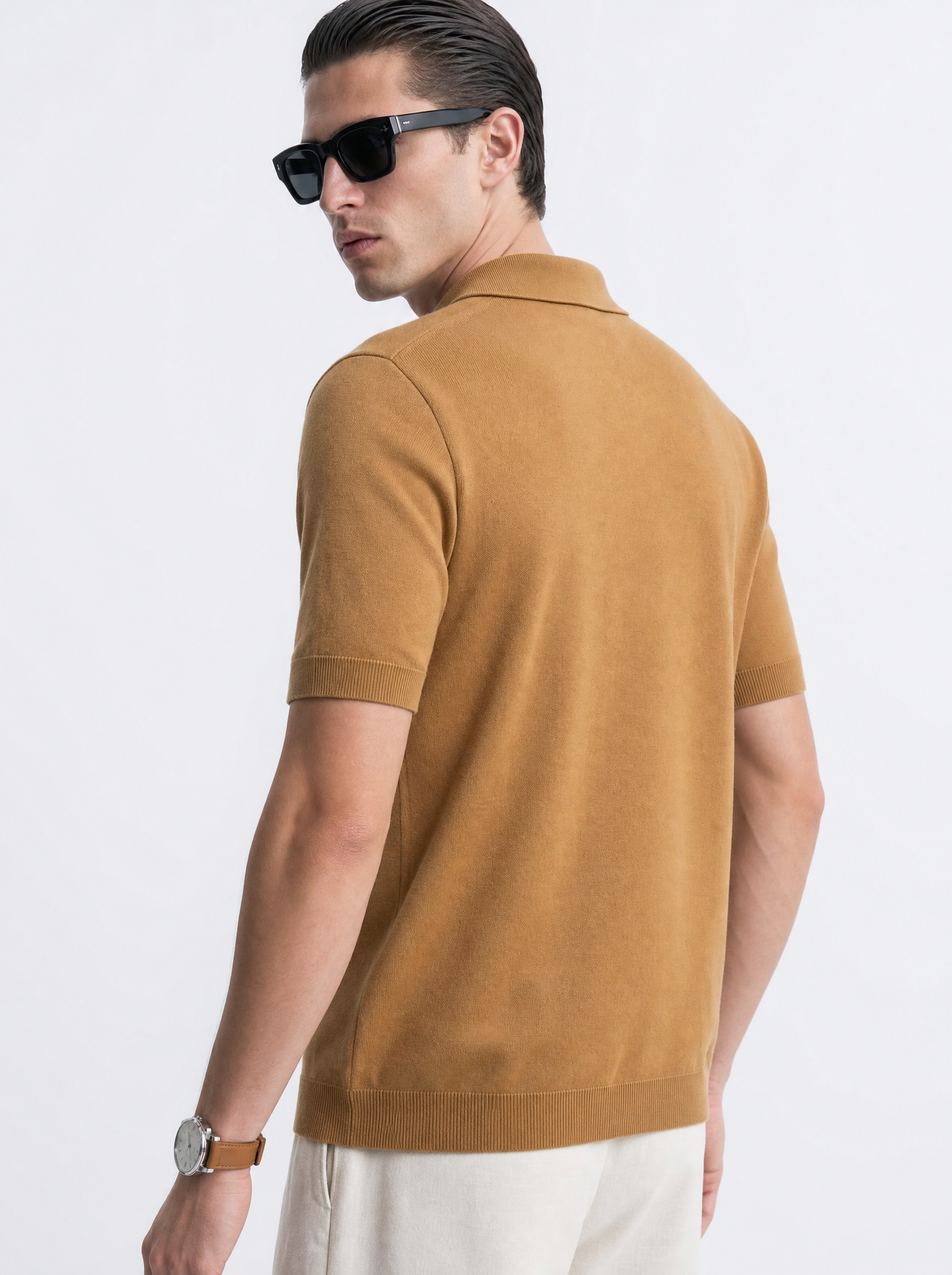 VANE Knit Polo in Camel — back