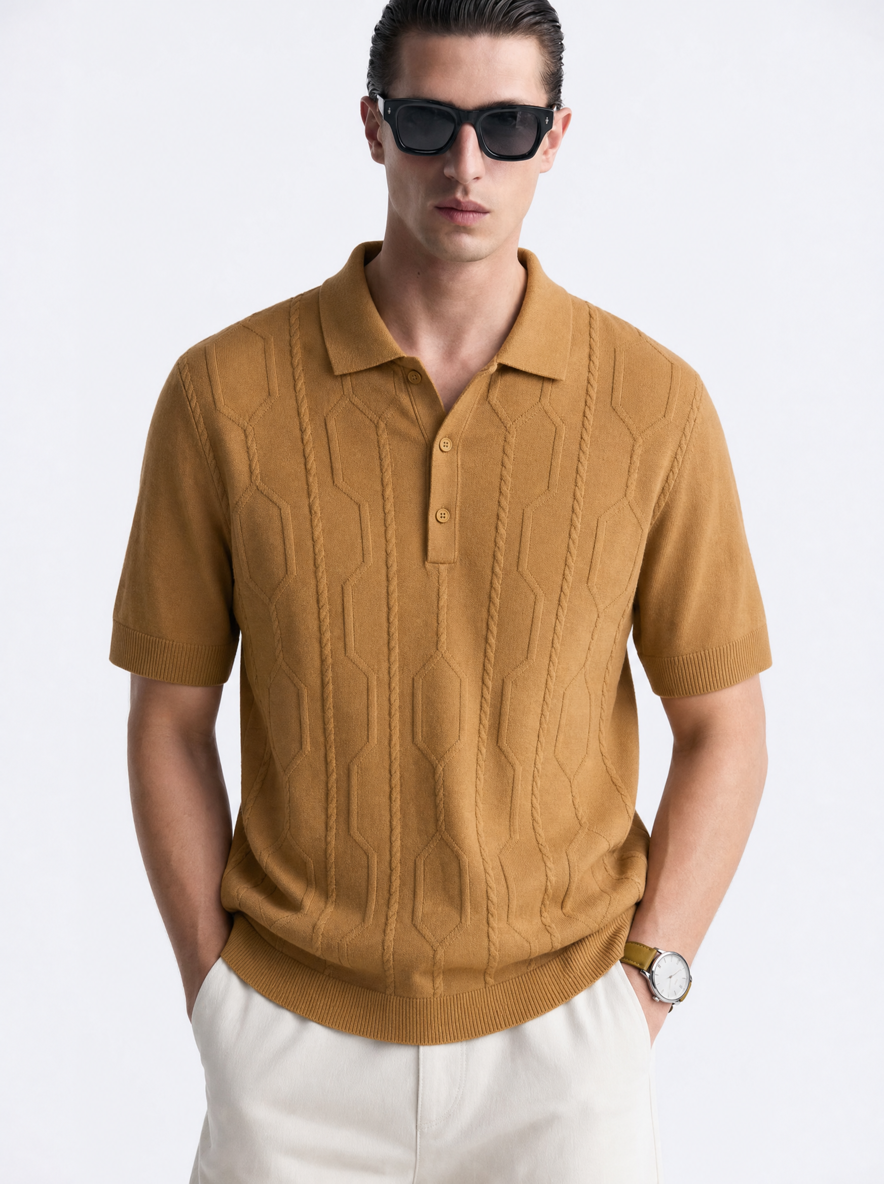 VANE Knit Polo in Camel — front