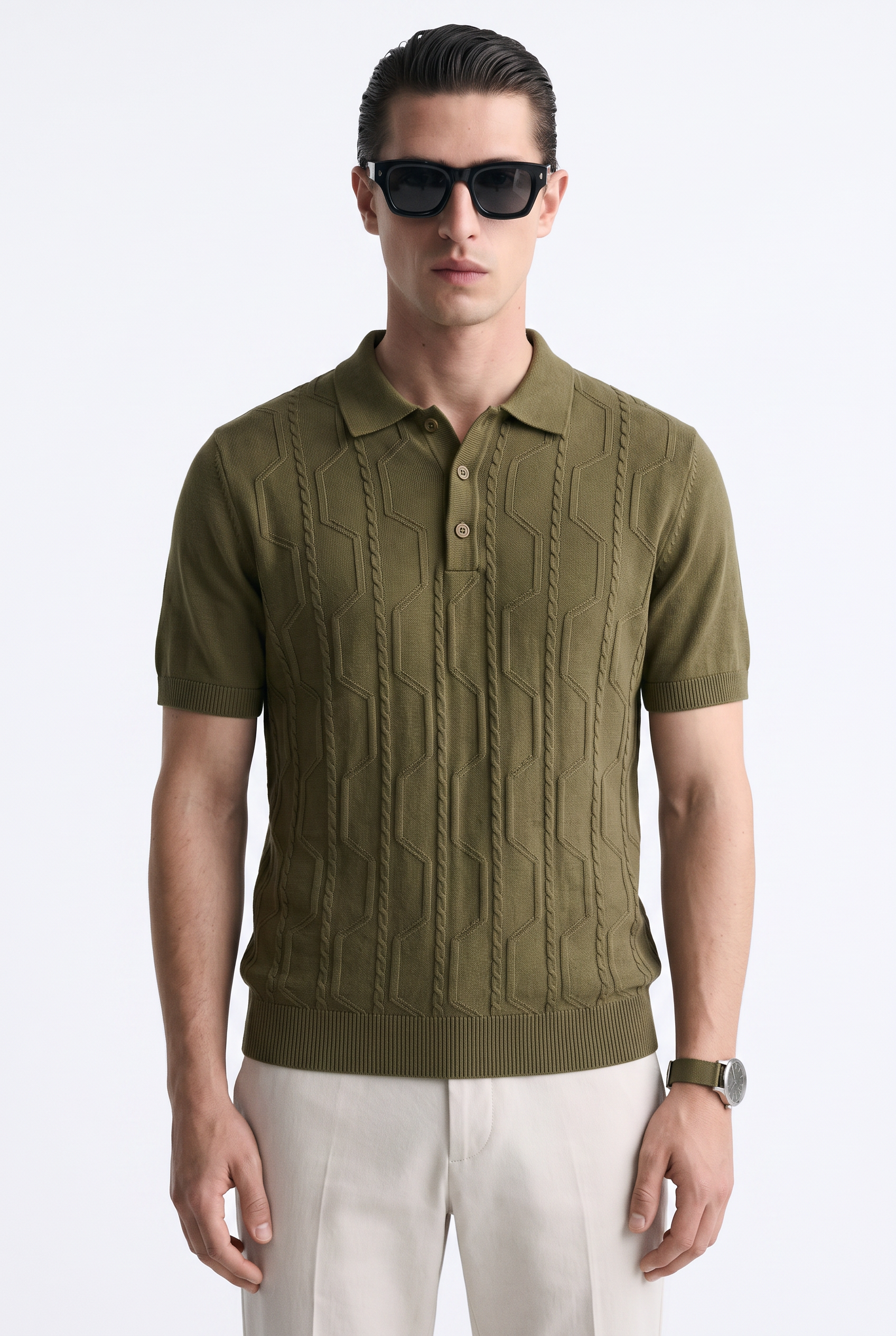 VANE Knit Polo in Olive — on model