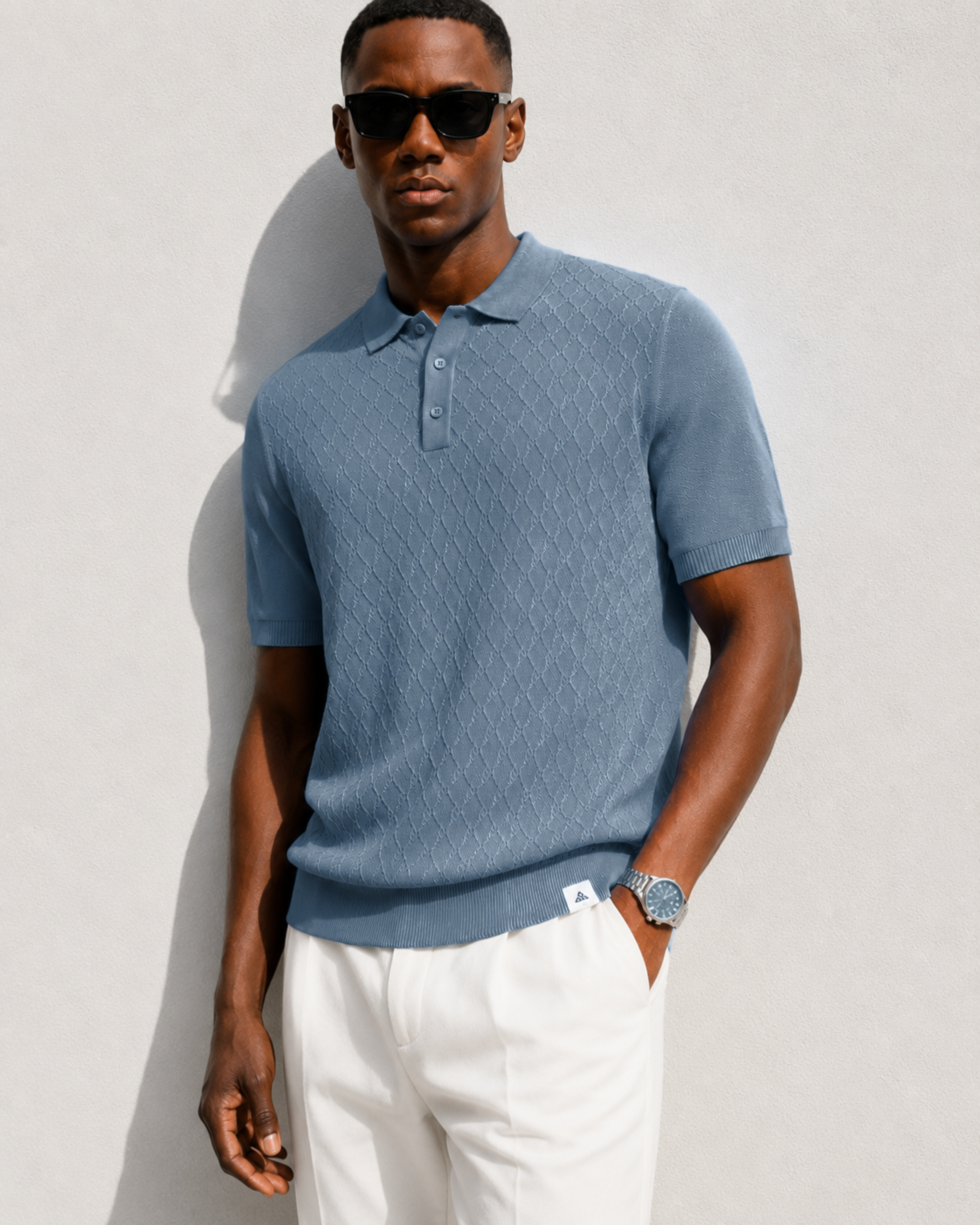 HIVE Knit Polo in Slate — on model