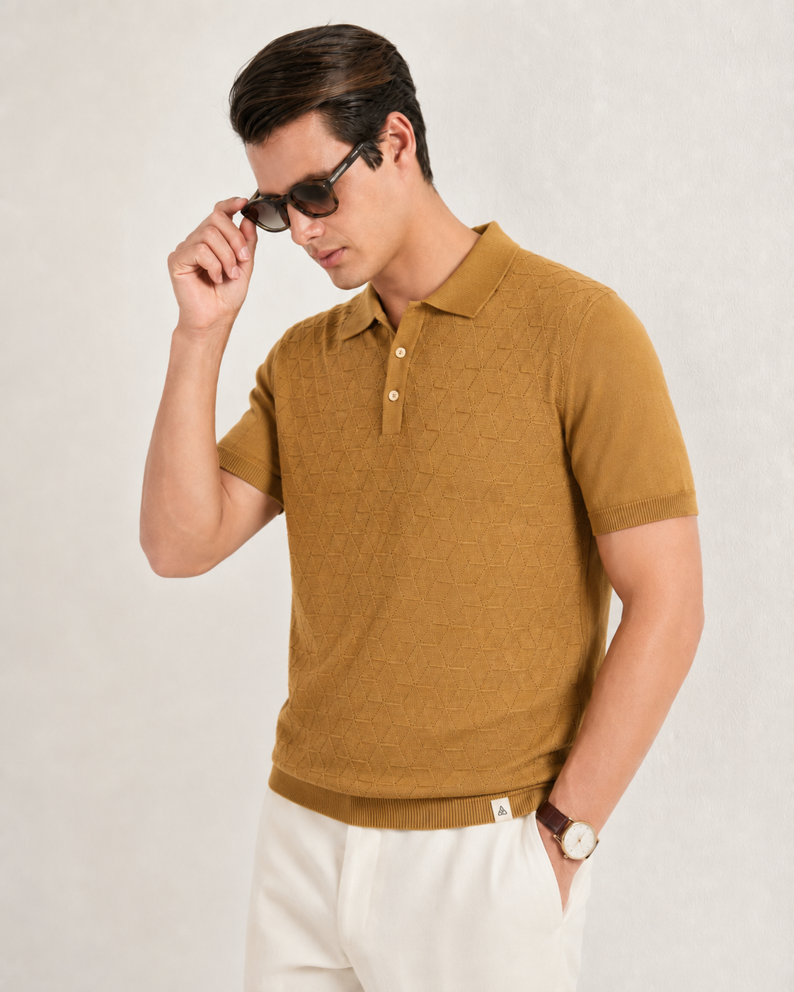 LEAF Knit Polo in Camel — on model