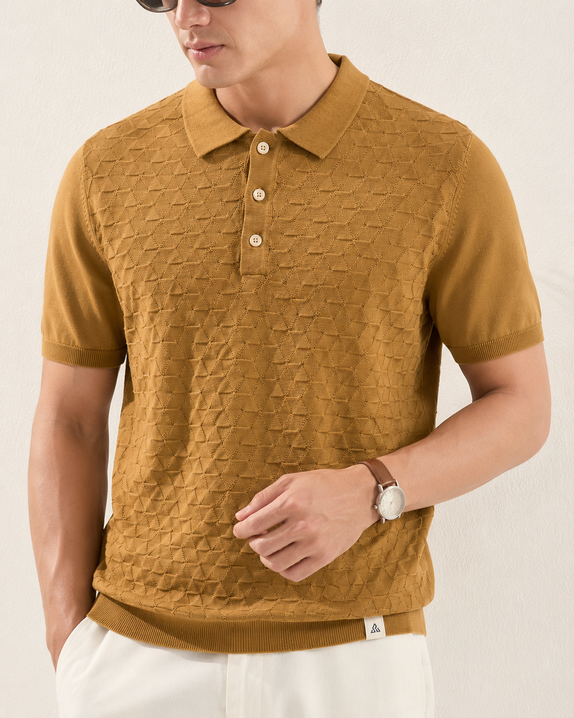 LEAF Knit Polo in Camel — detail