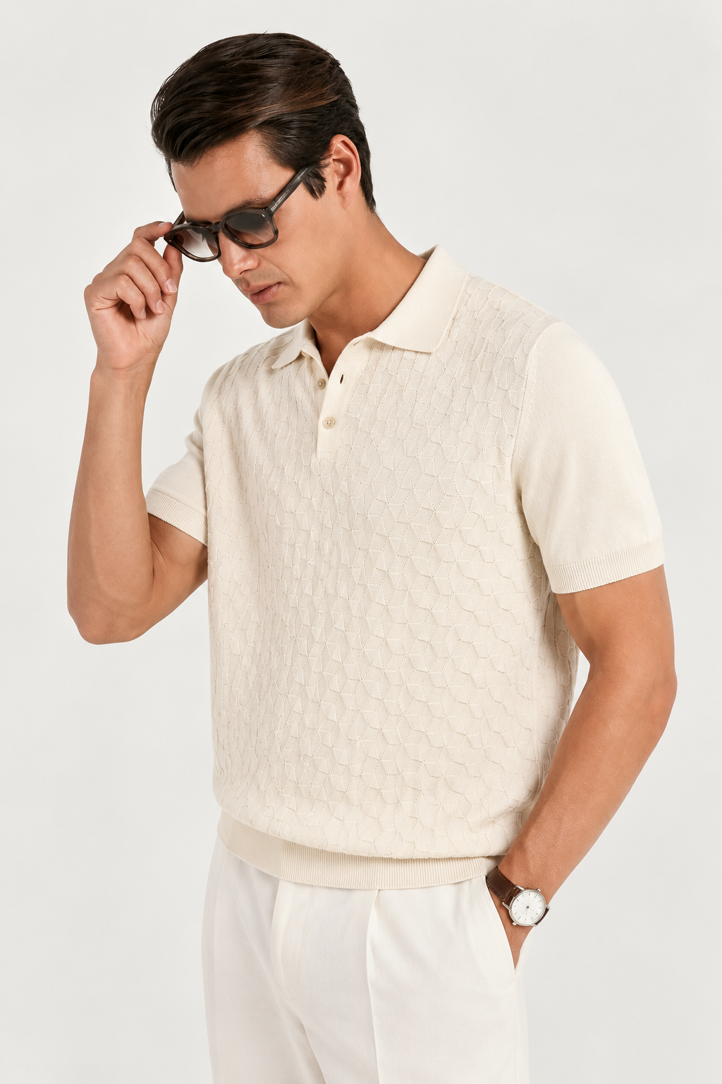 LEAF Knit Polo in Cream — on model