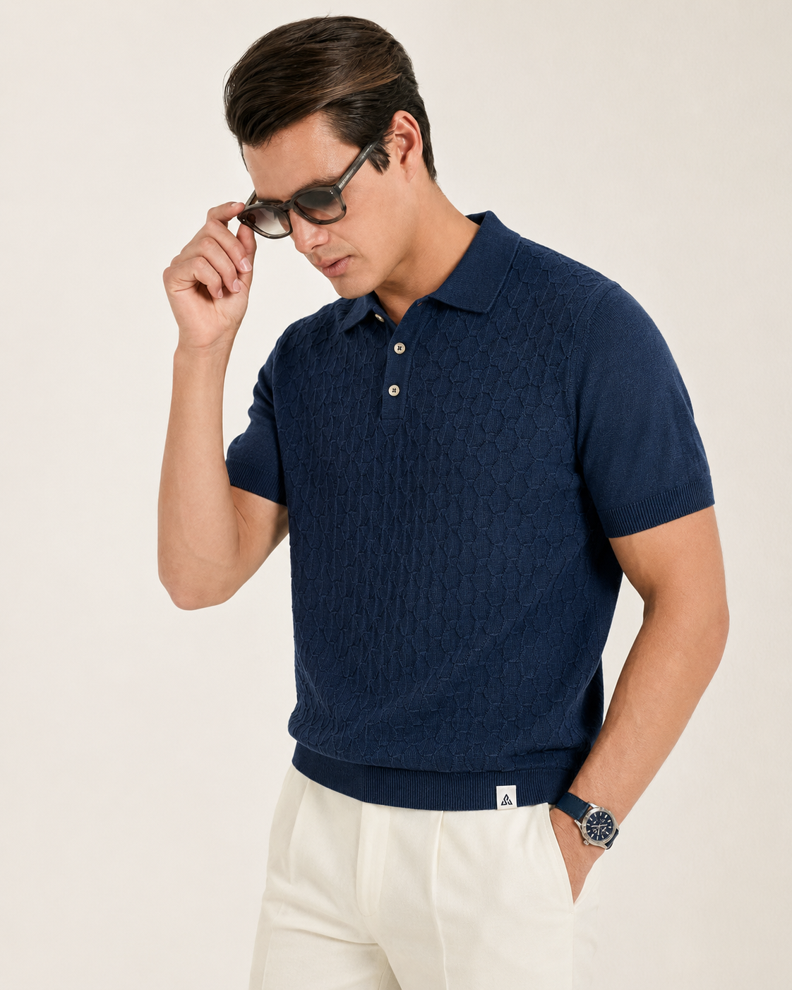 LEAF Knit Polo in Navy — on model