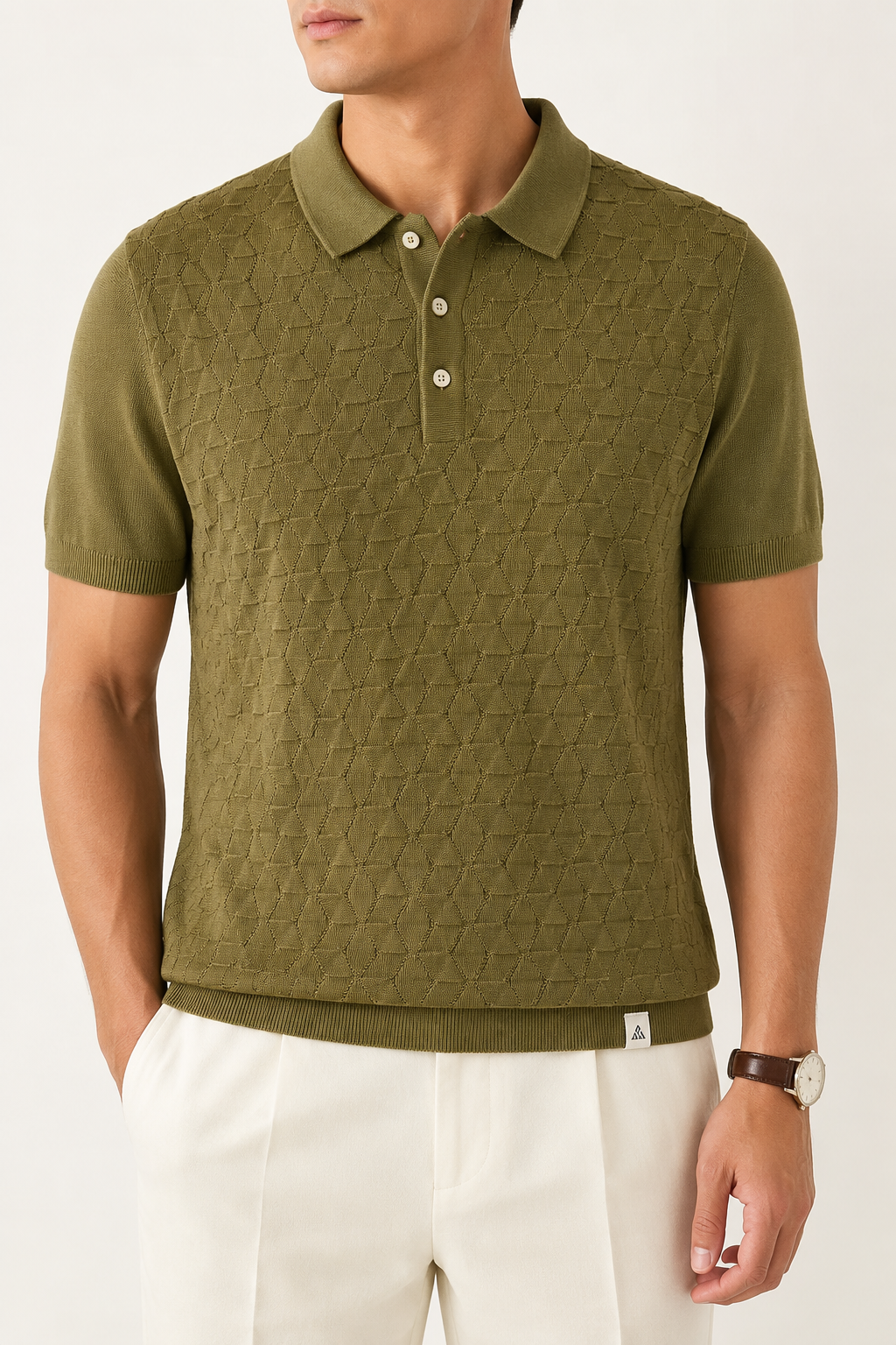 LEAF Knit Polo in olive — straight-on torso close-up showing the full front knit texture and ribbed hem