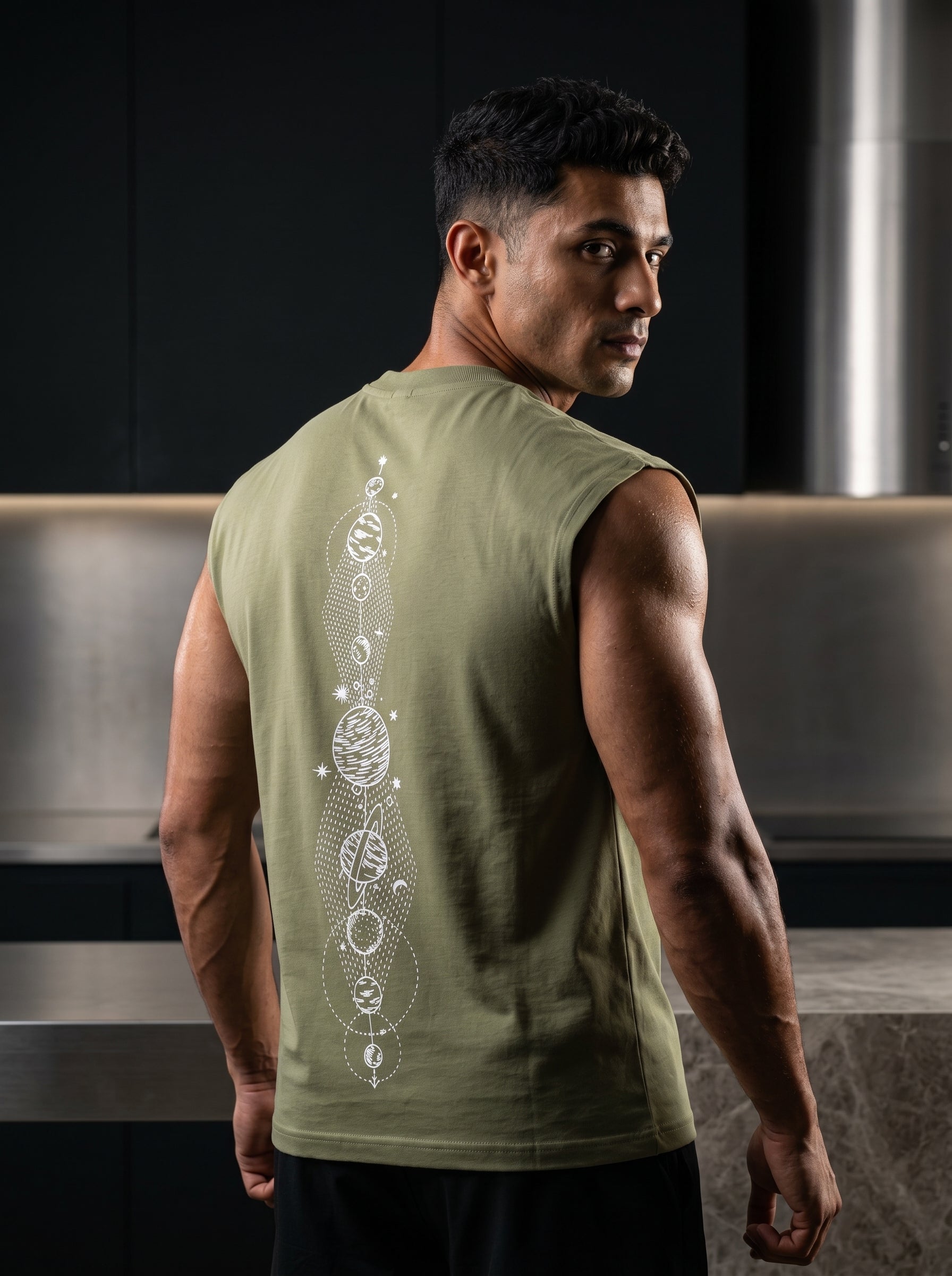 CELESTIAL JOURNEY sleeveless tee | 5ᵗʰ Century Collection | front view | THE SUNYA