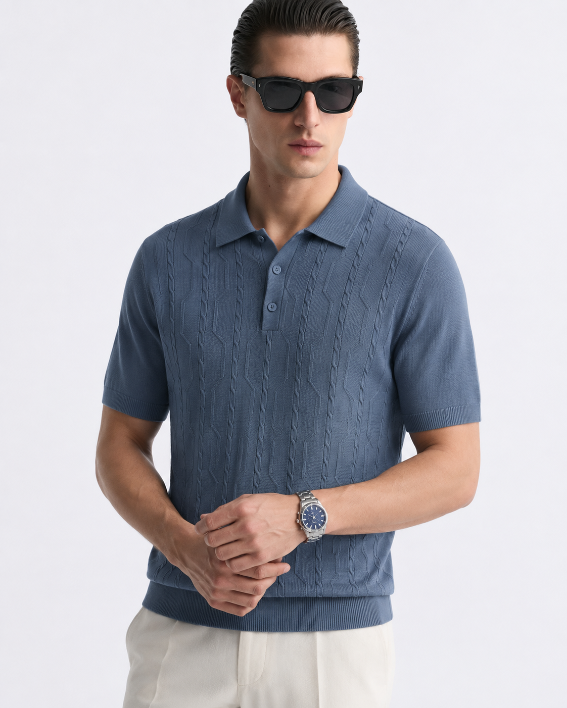 VANE Knit Polo in Slate — on model
