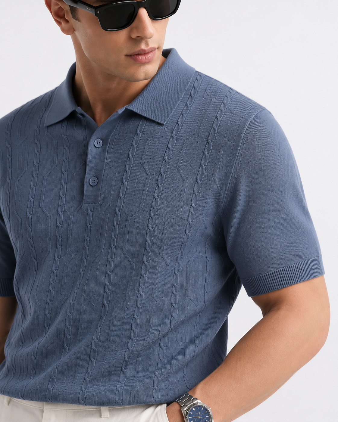 VANE Knit Polo in Slate — detail