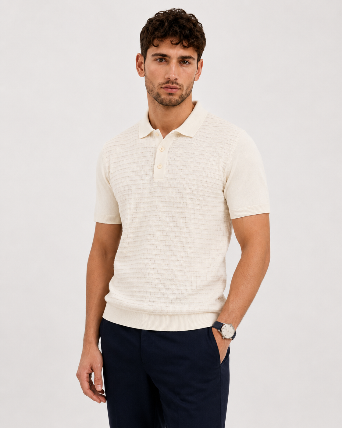 GRID Knit Polo in Cream — front