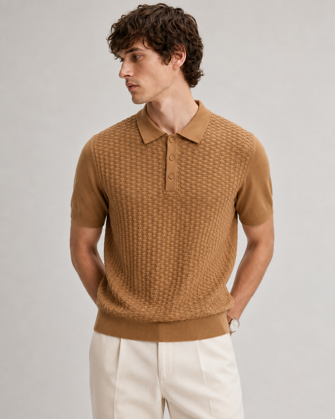 TILE Knit Polo in Camel — front