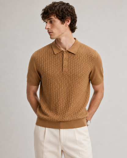 TILE Knit Polo in Camel — front